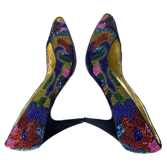 Vintage 90s Caparros Multicolor Pattern Beaded Pointed Toe Pumps 6